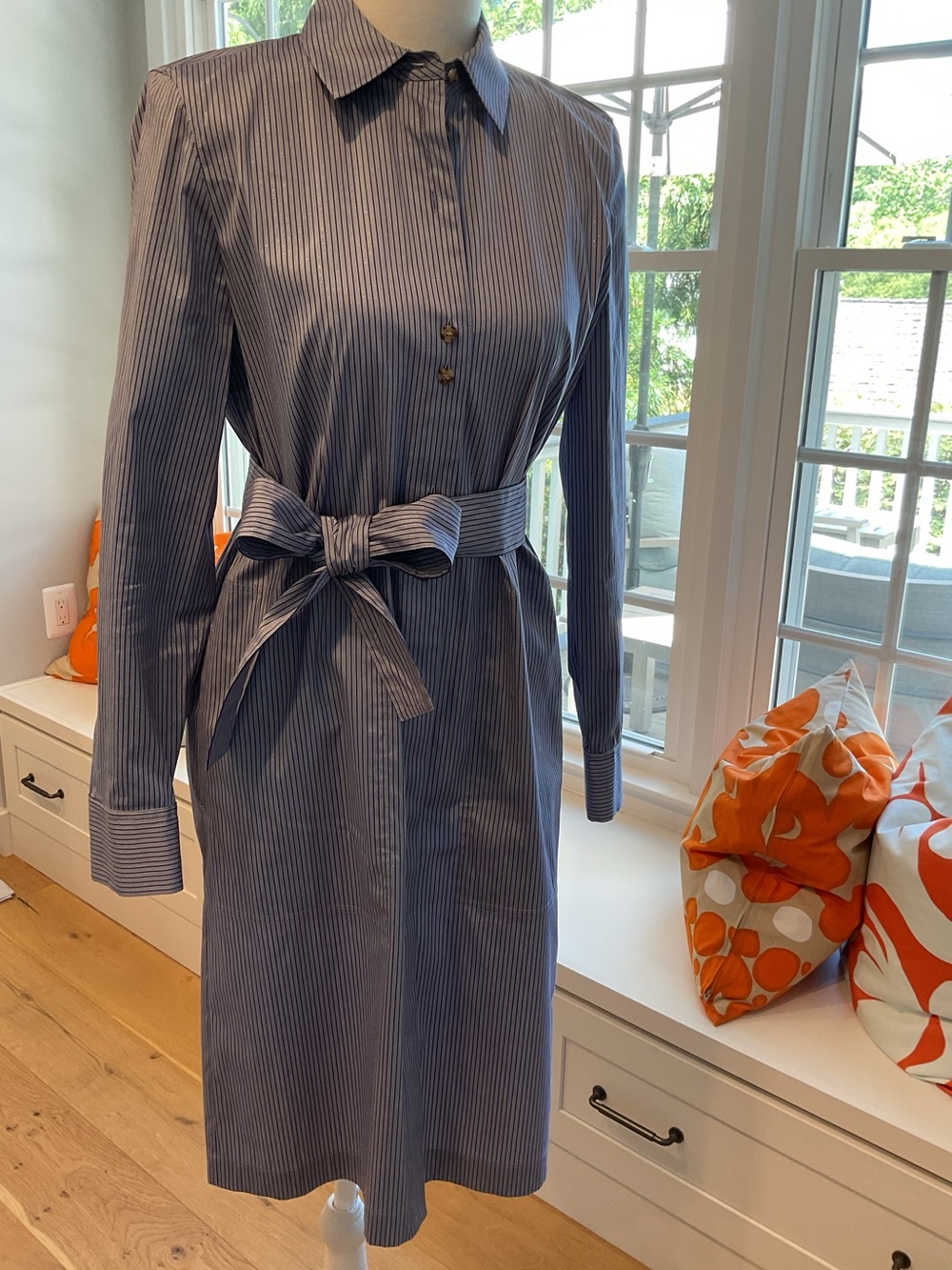 Lafayette 148 New York Light Blue Shirt dress with Navy and metallic Pinstripes